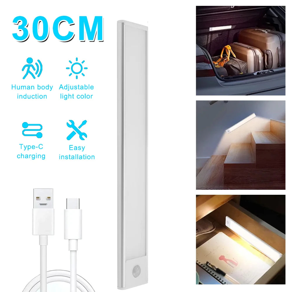 30CM Night Light USB Rechargeable Motion Sensor Led Light Wireless Led Lamp 3 Color for Kitchen Cabinet Bedroom Wardrobe